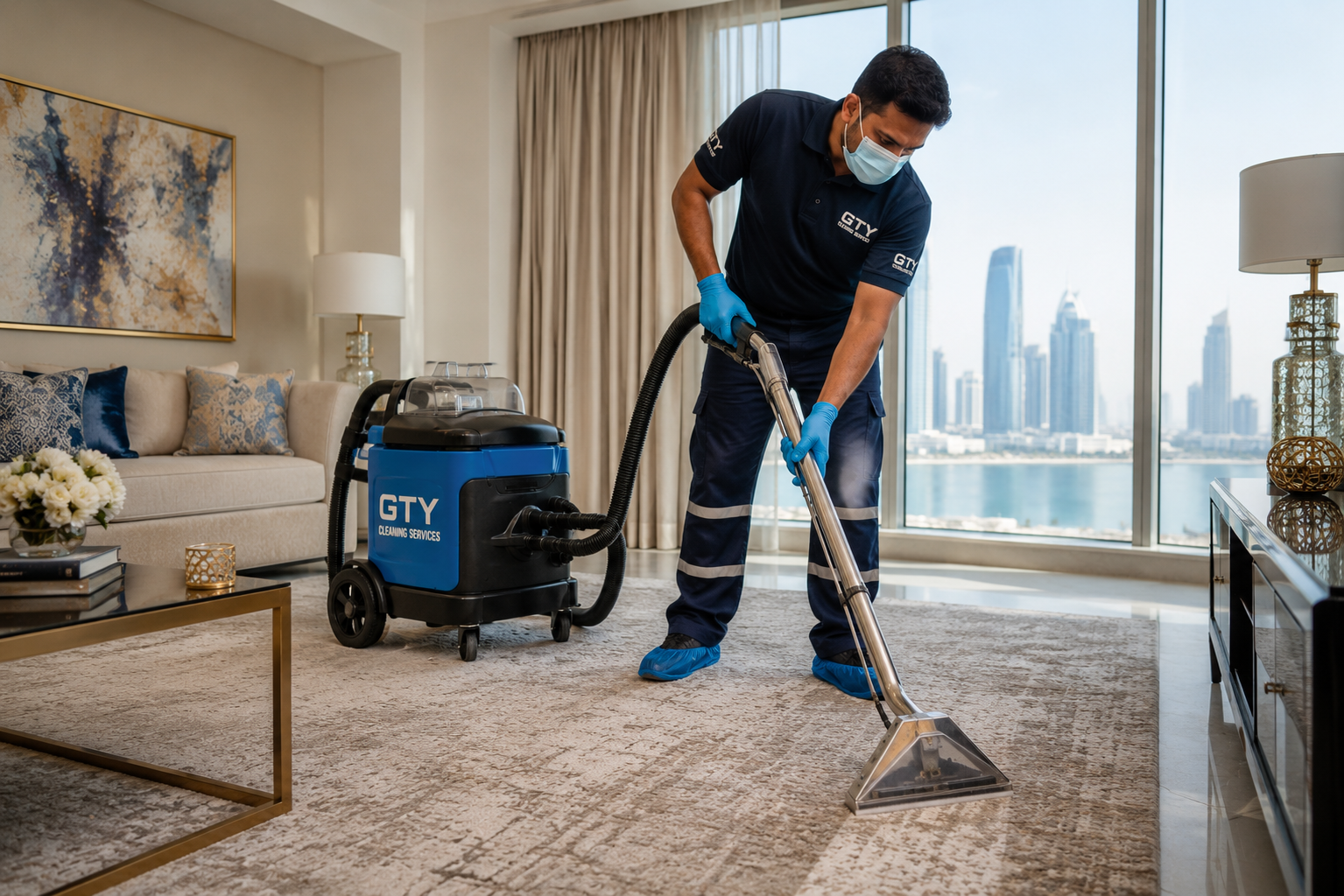 Professional carpet cleaning in progress
