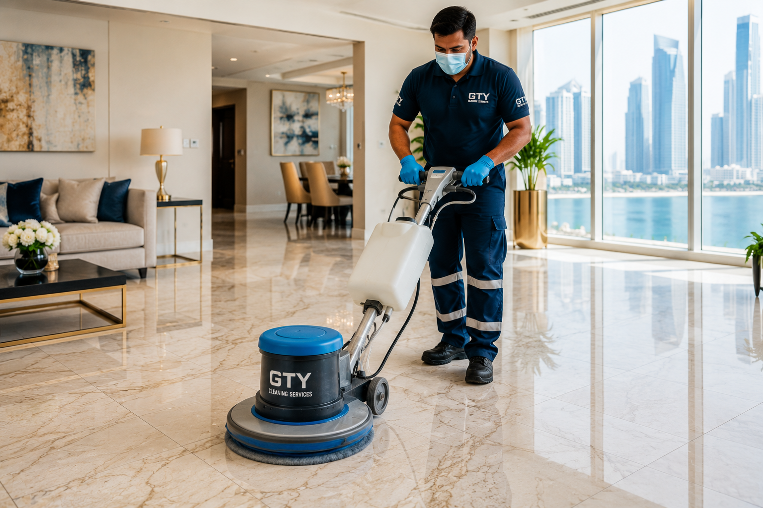 Glossy marble floor cleaning and polishing