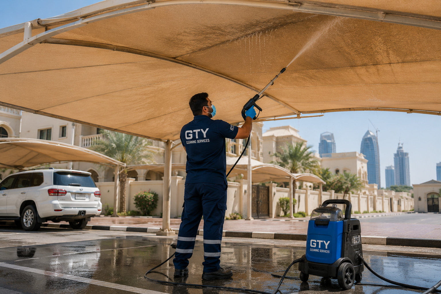 Parking shade and canopy structure cleaning